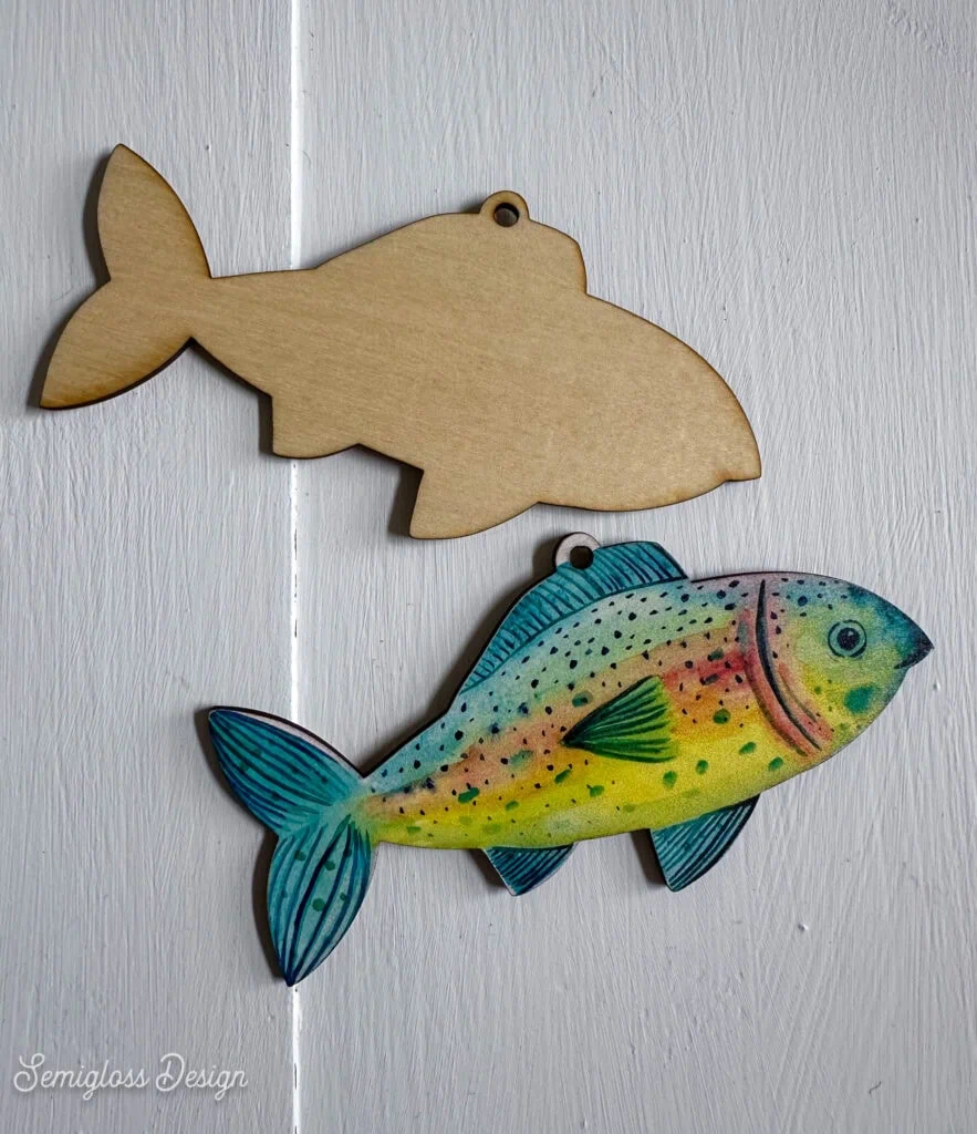 wooden fish ornament printed with watercolor painting
