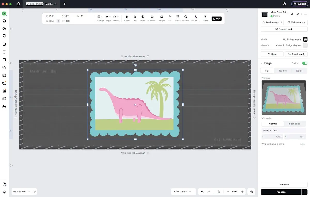 screenshot of xTool Studio software with pink dinosaur illustration