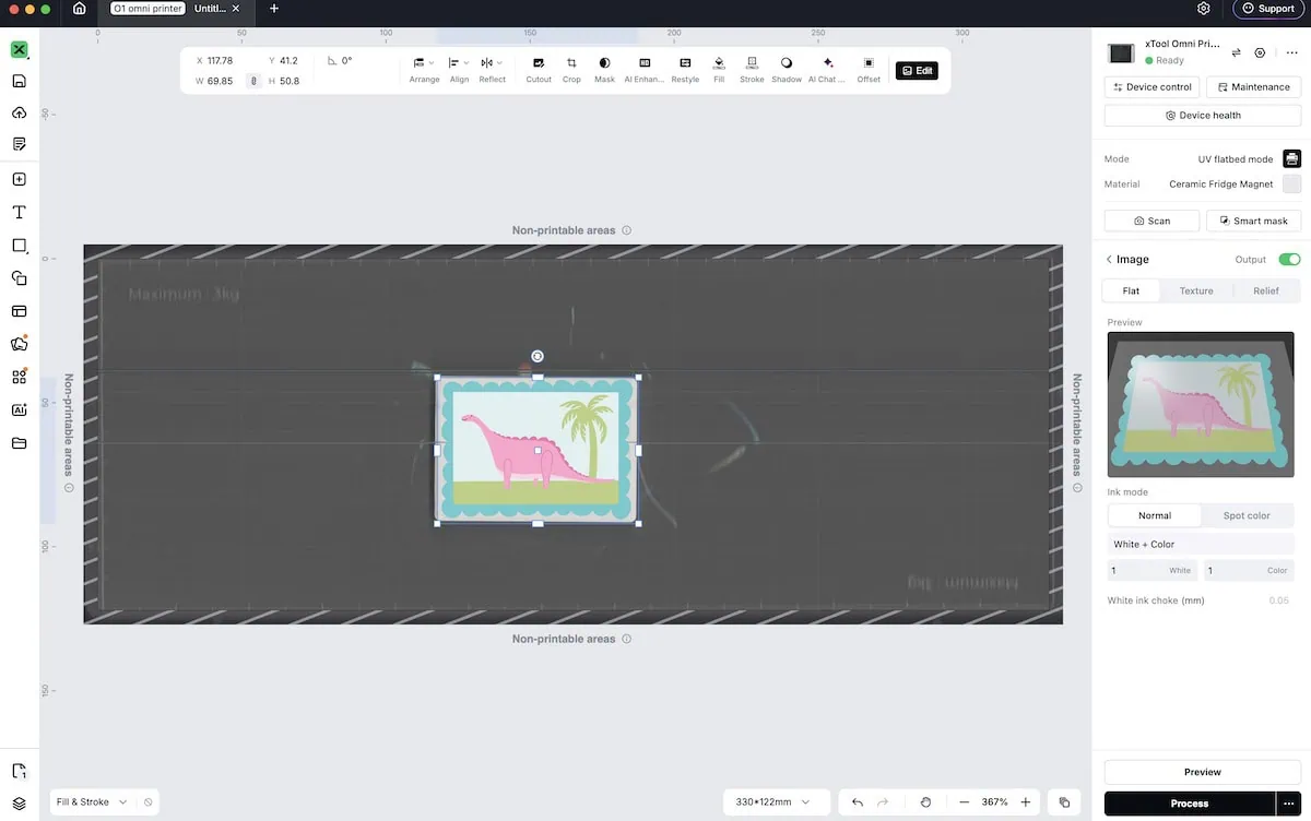 resizing pink dinosaur illustration in xTool Studio