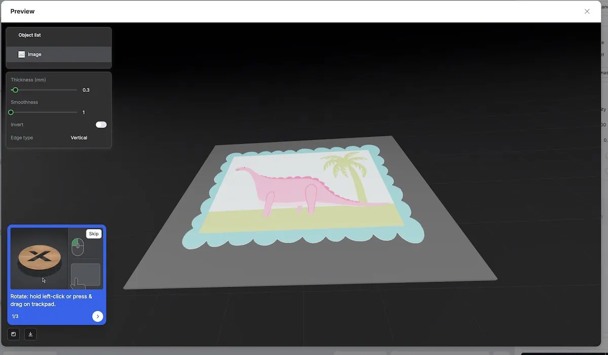 previewing pink dinosaur art in xTool Studio