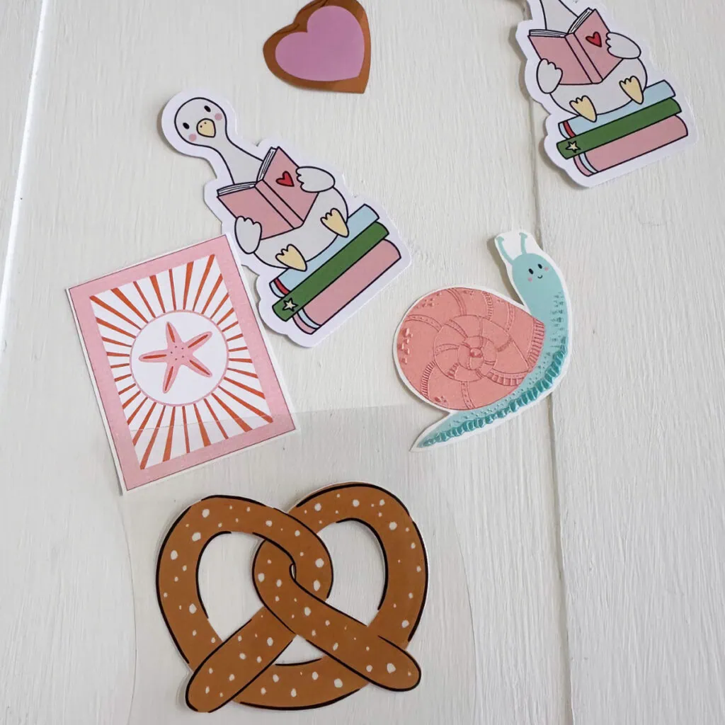 stickers on white wooden background