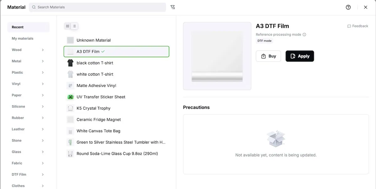 changing material to DTF transfer film in xTool Studio