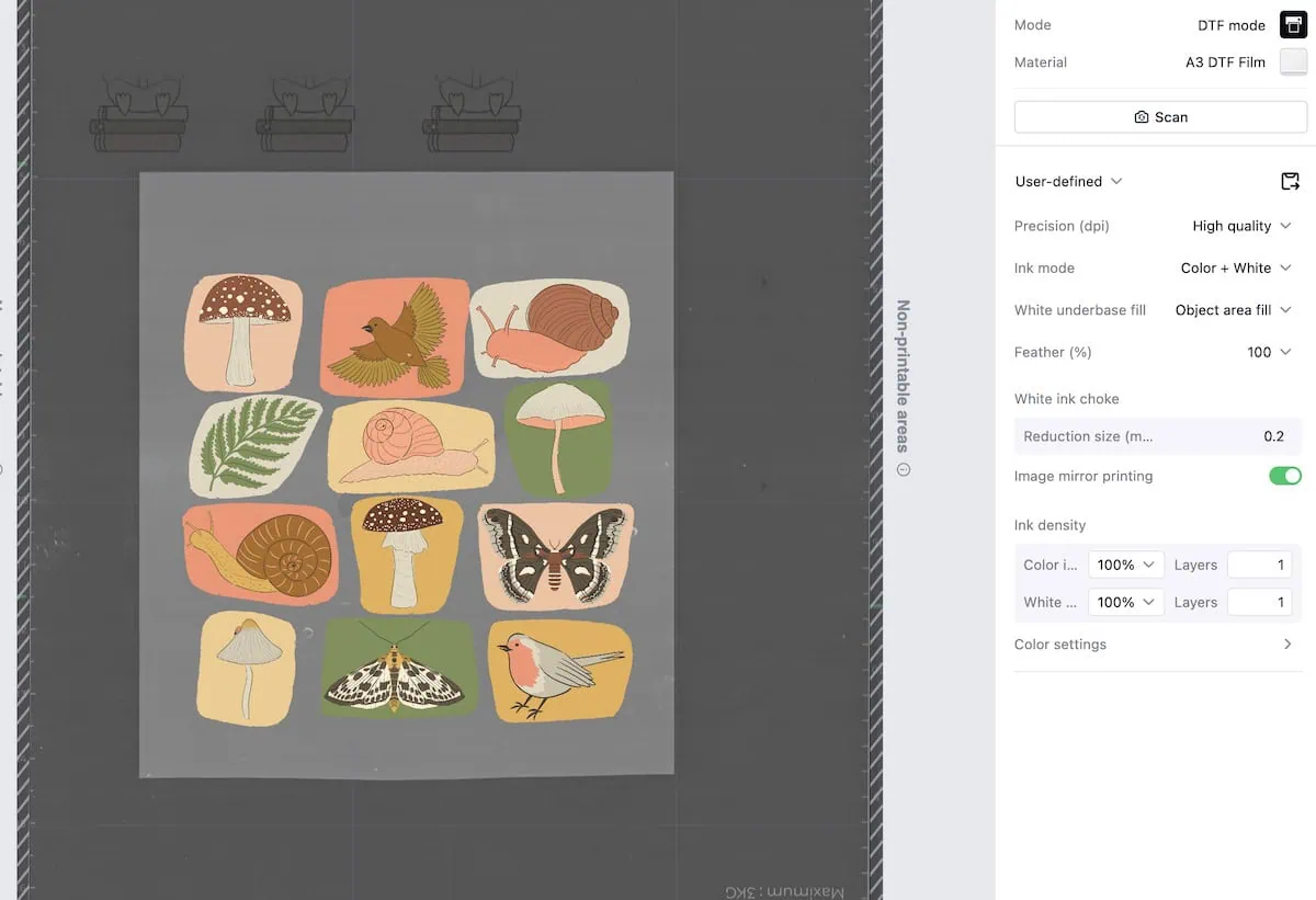 mushroom and moth images uploaded to xTool Studio