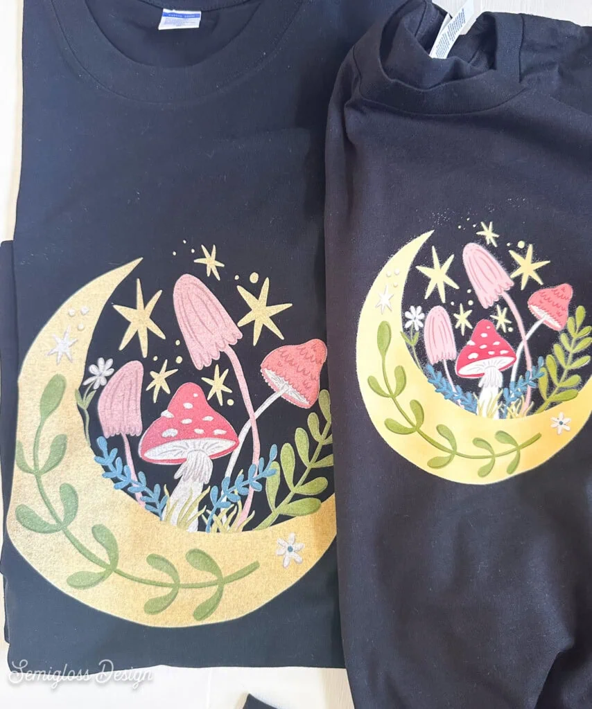 shirt on left printed with dtg and shirt on right printed with dtf