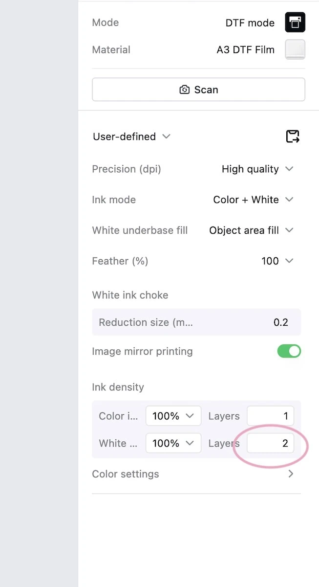 increasing white ink in xTool Studio