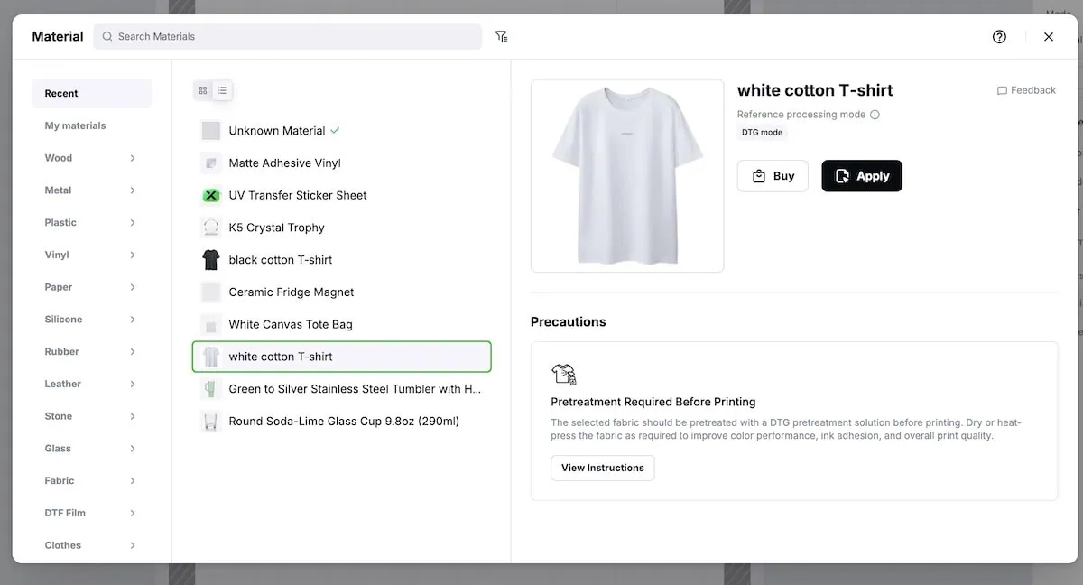 selecting material in xTool Studio