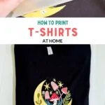 collage of hand pulling away transfer film and finished shirt with moon and mushroom print
