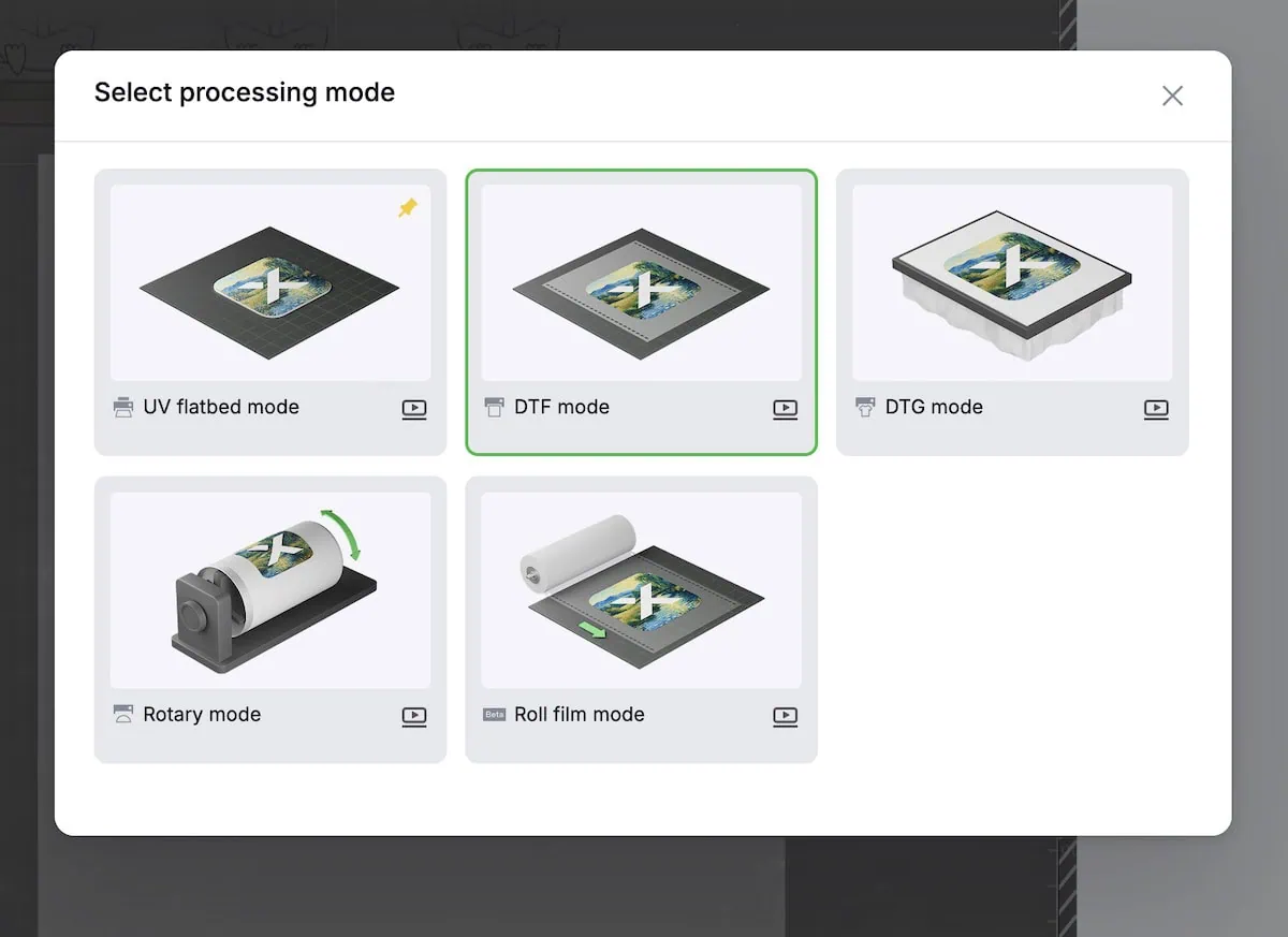 changing mode to DTF in xTool Studio
